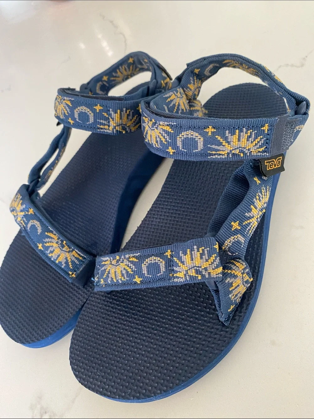 Teva Navy Blue Sandals with Yellow Sun & Moon Pattern size 7 EU 38